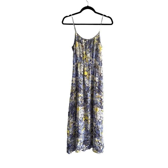 BANANA REPUBLIC Sleeveless Silk Midi Dress Floral Print Blue Yellow XSP - Picture 1 of 6